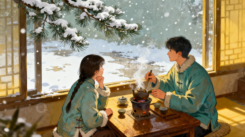 高清大图下载【趣麦麦图】雪景窗前二人围炉煮茶