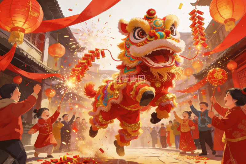 高清大图下载【趣麦麦图】春节舞狮热闹街景