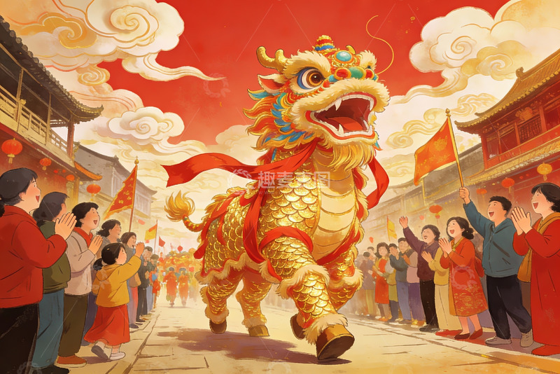 高清大图下载【趣麦麦图】春节舞狮热闹街景