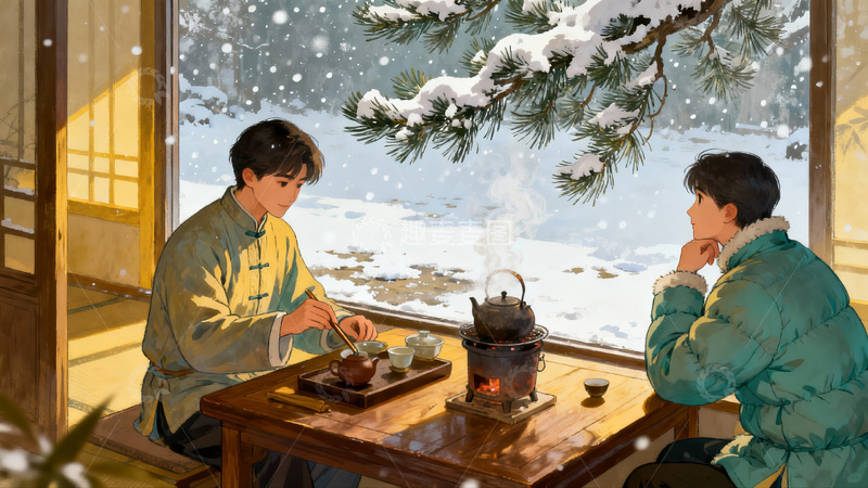 高清大图下载【趣麦麦图】雪景窗前二人品茶