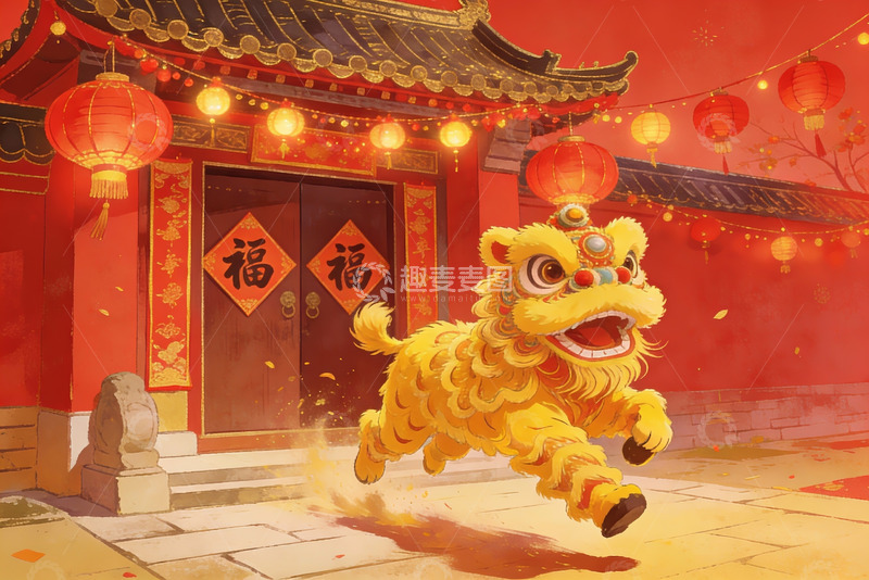 高清大图下载【趣麦麦图】春节舞狮迎祥瑞