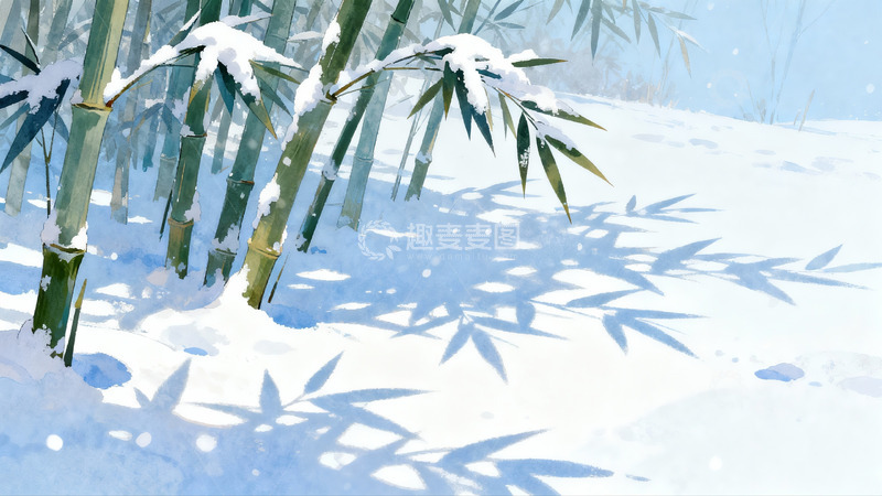 高清大图下载【趣麦麦图】雪竹映影冬日静谧