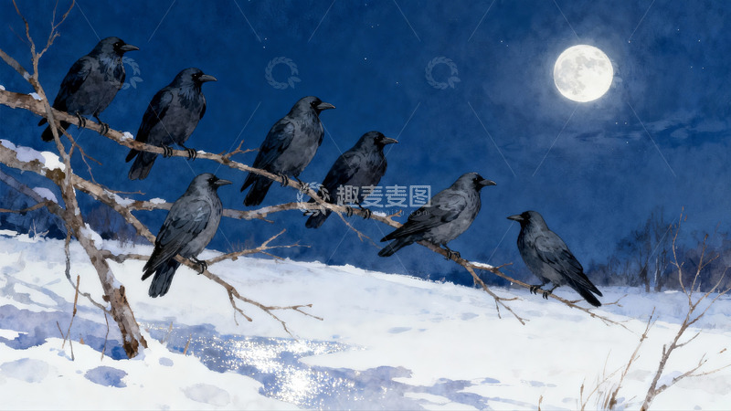 高清大图下载【趣麦麦图】夜雪枝头栖鸦图
