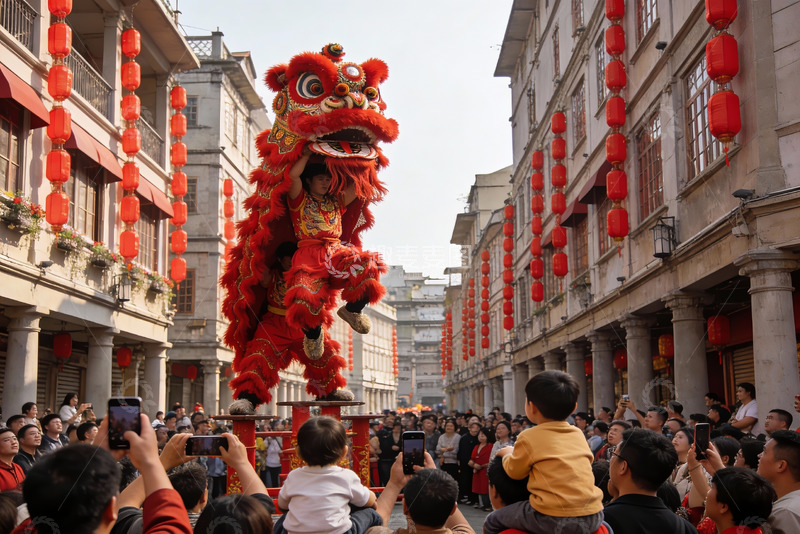 高清大图下载【趣麦麦图】街头舞狮表演热闹非凡