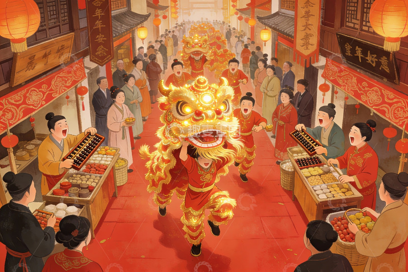 高清大图下载【趣麦麦图】热闹街市舞狮庆新春