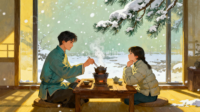雪景窗前二人围炉煮茶
