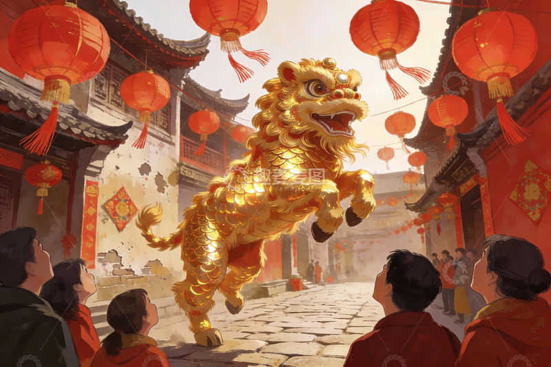 高清大图下载【趣麦麦图】春节舞狮热闹街景