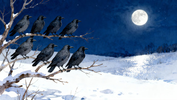 雪夜月光下栖息的乌鸦群
