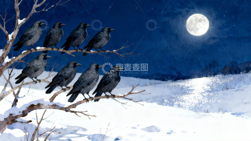 高清大图下载【趣麦麦图】雪夜月光下栖息的乌鸦群