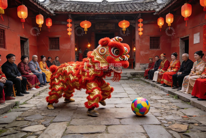 高清大图下载【趣麦麦图】传统舞狮表演庭院热闹非凡