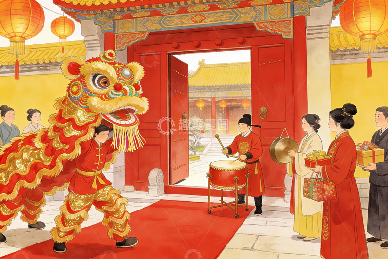 高清大图下载【趣麦麦图】中国传统舞狮庆典场景