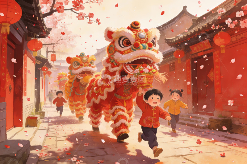 高清大图下载【趣麦麦图】舞狮孩童闹新春