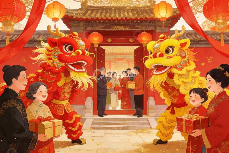 高清大图下载【趣麦麦图】春节舞狮贺岁全家欢聚