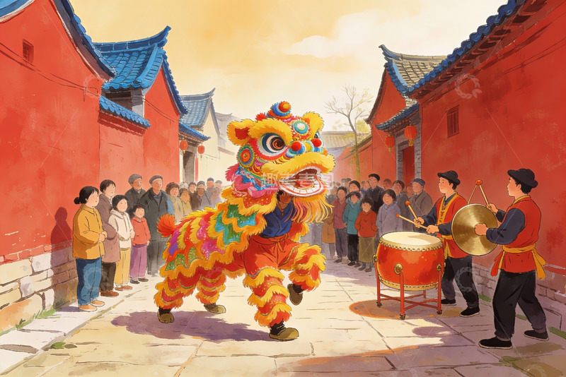 高清大图下载【趣麦麦图】传统舞狮表演热闹街巷