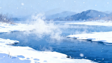 雪景河流冰面雾气