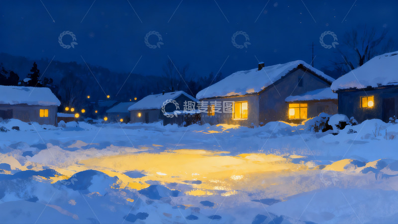 高清大图下载【趣麦麦图】雪夜村庄灯火温暖