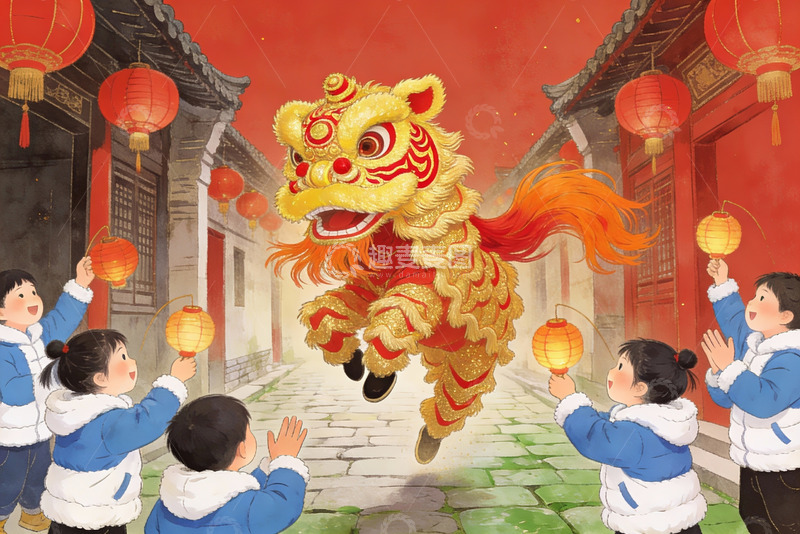 高清大图下载【趣麦麦图】儿童观赏舞狮灯笼高挂