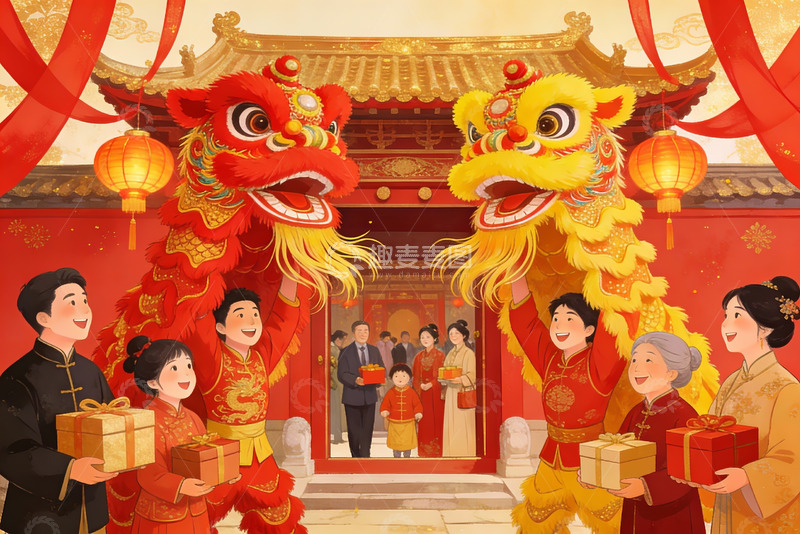 高清大图下载【趣麦麦图】春节舞狮家庭团聚欢乐场景