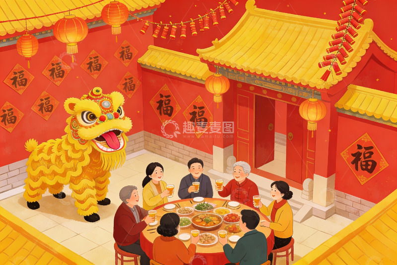 高清大图下载【趣麦麦图】春节家庭团聚舞狮庆团圆