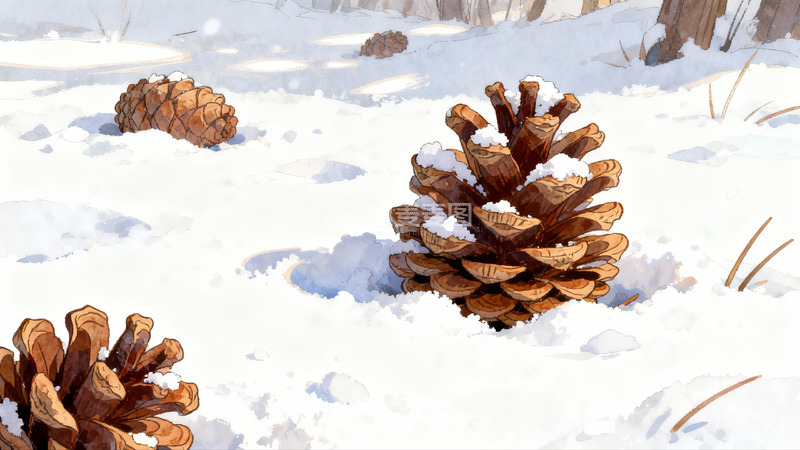 高清大图下载【趣麦麦图】雪地松果冬日静景