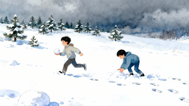 高清大图下载【趣麦麦图】雪地玩耍孩童欢乐场景