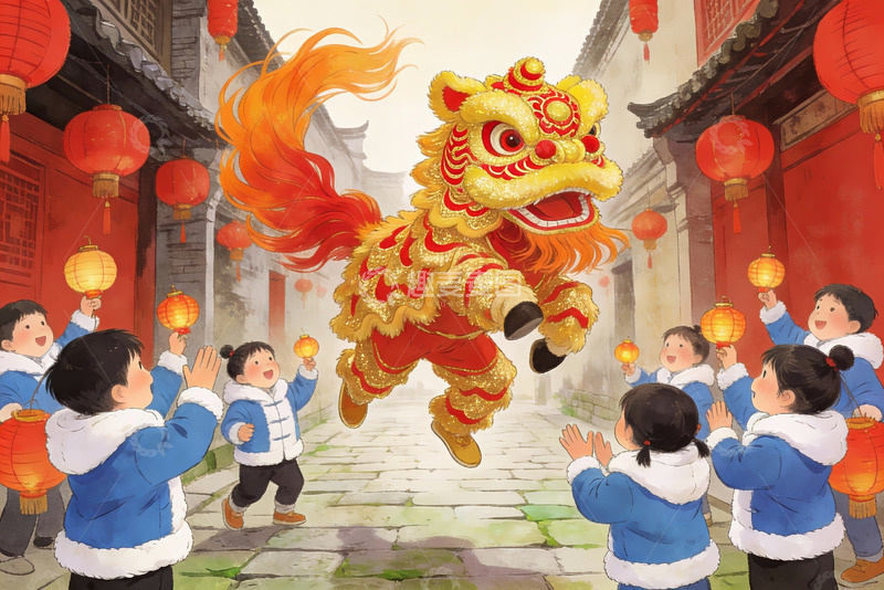 高清大图下载【趣麦麦图】儿童欢庆舞狮节场景