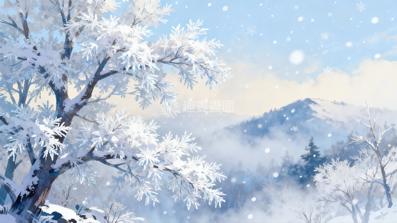 高清大图下载【趣麦麦图】雪覆树枝山雾缭绕冬日美景