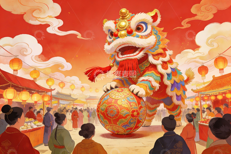 高清大图下载【趣麦麦图】热闹街市舞狮表演
