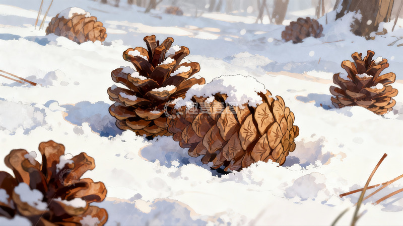 高清大图下载【趣麦麦图】雪地松果冬日静景