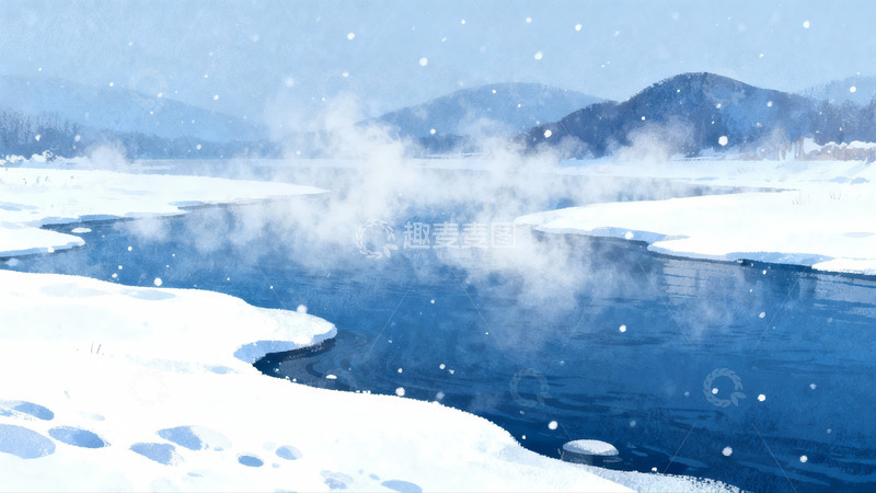 高清大图下载【趣麦麦图】雪景河流山峦冬日画卷