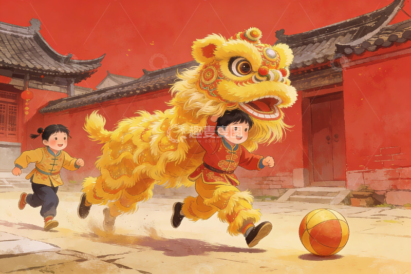 高清大图下载【趣麦麦图】孩童舞狮踢球欢庆节日