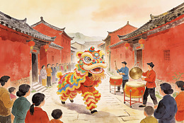 中国传统舞狮表演热闹街景