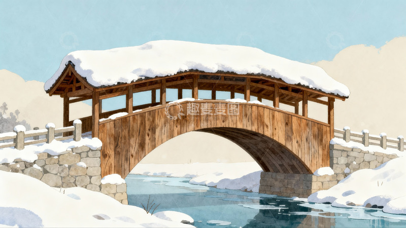 高清大图下载【趣麦麦图】雪覆木桥流水静