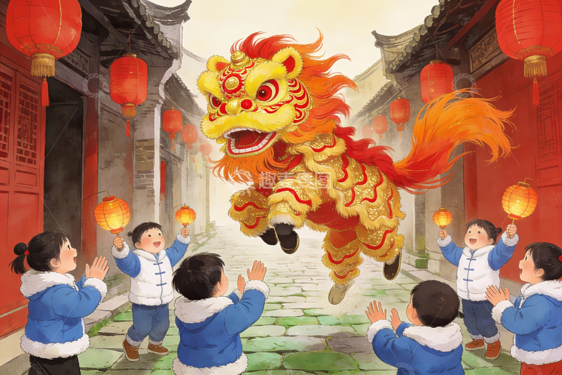 高清大图下载【趣麦麦图】儿童欢庆舞狮灯笼高挂