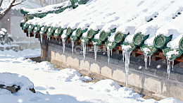 雪覆古建筑屋檐冰凌垂挂