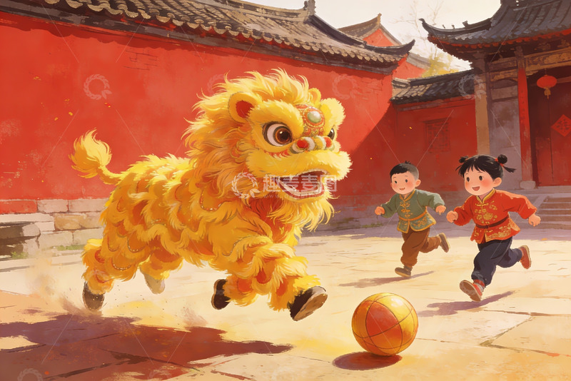 高清大图下载【趣麦麦图】儿童舞狮欢庆节日场景