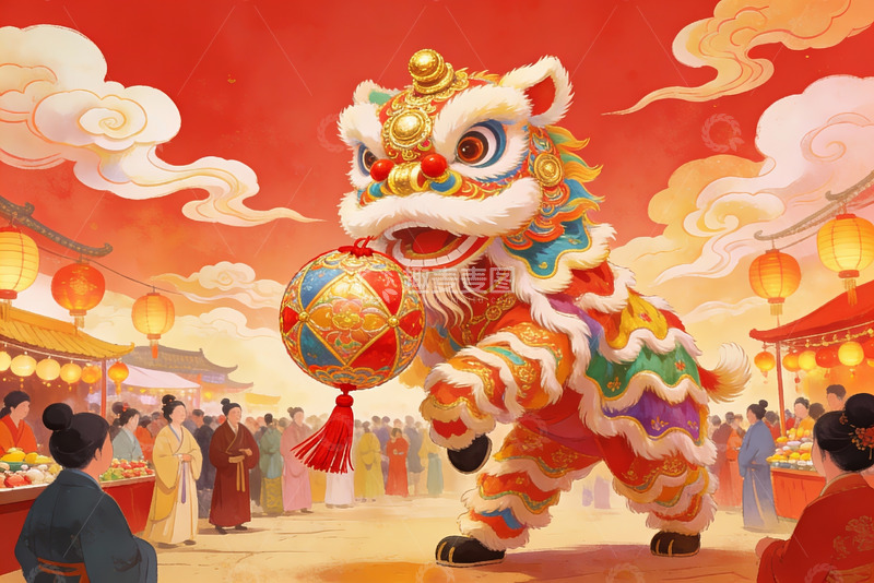 高清大图下载【趣麦麦图】热闹街市舞狮表演