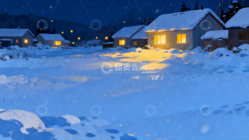 高清大图下载【趣麦麦图】雪夜村庄灯火温暖