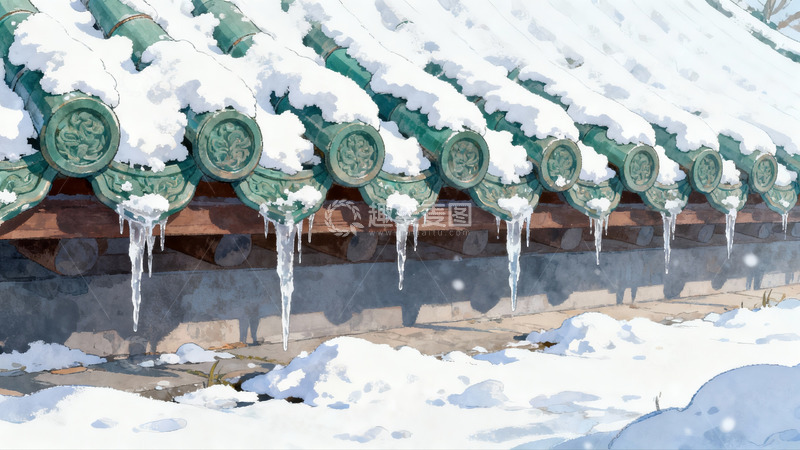 高清大图下载【趣麦麦图】雪覆古瓦檐冰挂