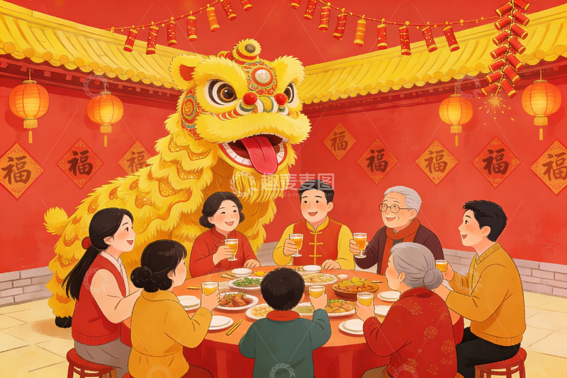 高清大图下载【趣麦麦图】春节舞狮团圆饭