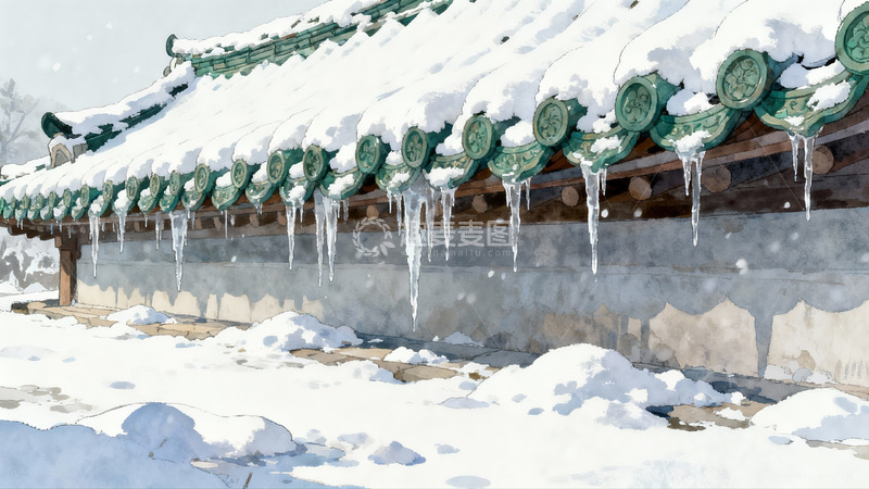 高清大图下载【趣麦麦图】雪覆古建筑屋檐冰凌垂挂