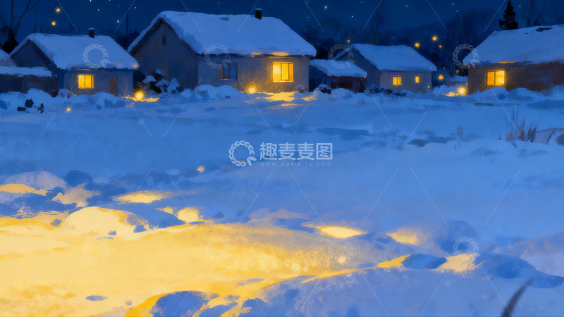 高清大图下载【趣麦麦图】雪夜村庄灯火温暖