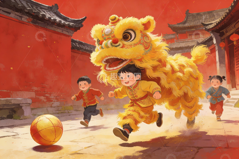 高清大图下载【趣麦麦图】儿童舞狮踢球欢乐场景