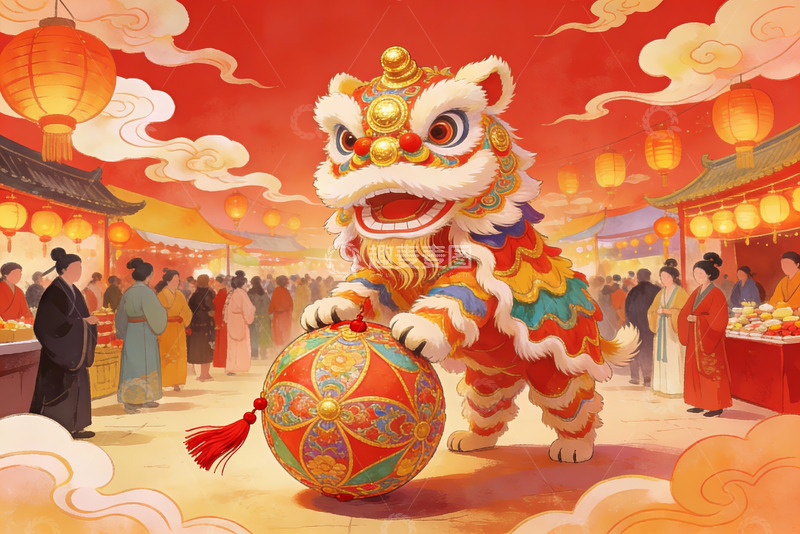 高清大图下载【趣麦麦图】热闹街市舞狮表演