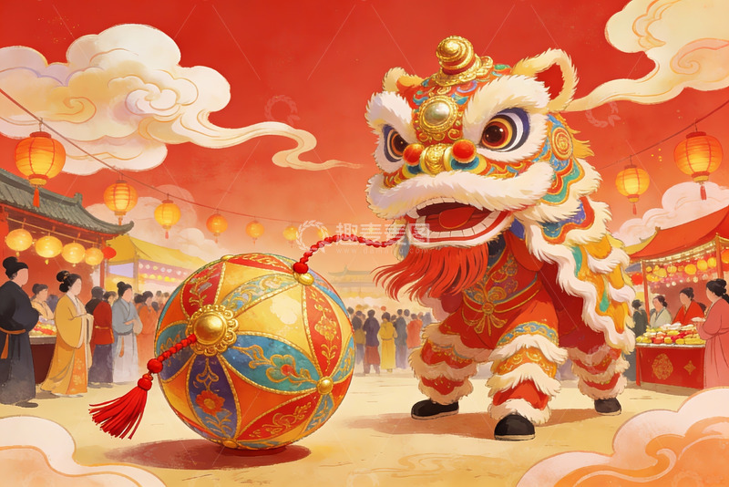 高清大图下载【趣麦麦图】春节舞狮热闹场景