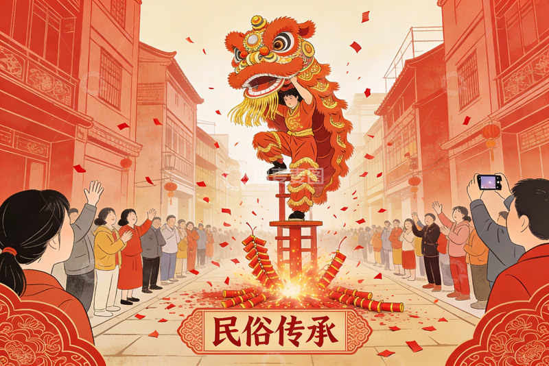 高清大图下载【趣麦麦图】舞狮表演热闹街景