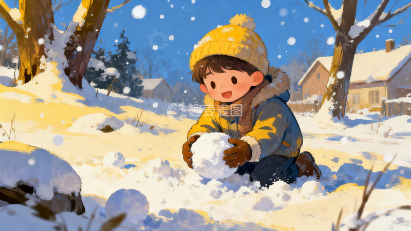 高清大图下载【趣麦麦图】雪地儿童玩雪球欢乐场景
