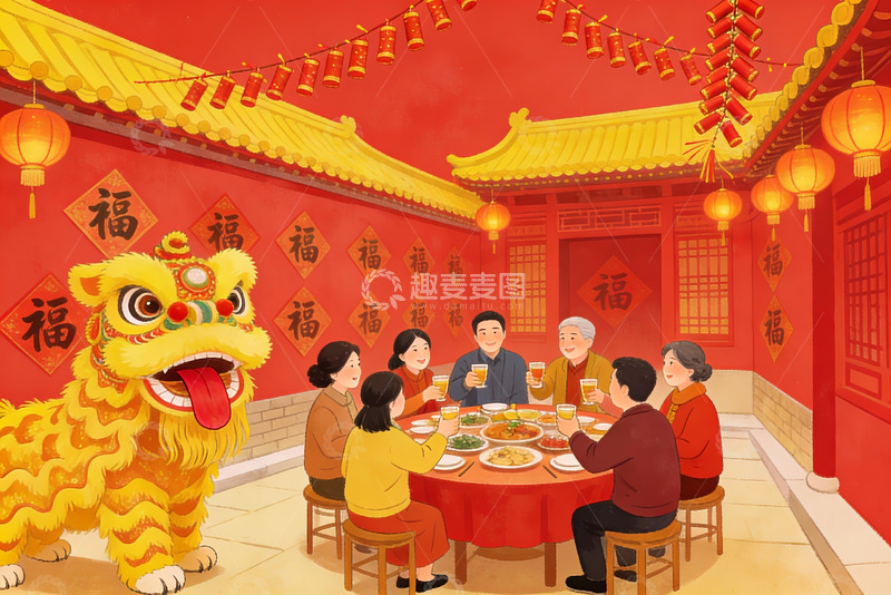 高清大图下载【趣麦麦图】春节家庭团聚欢庆场景