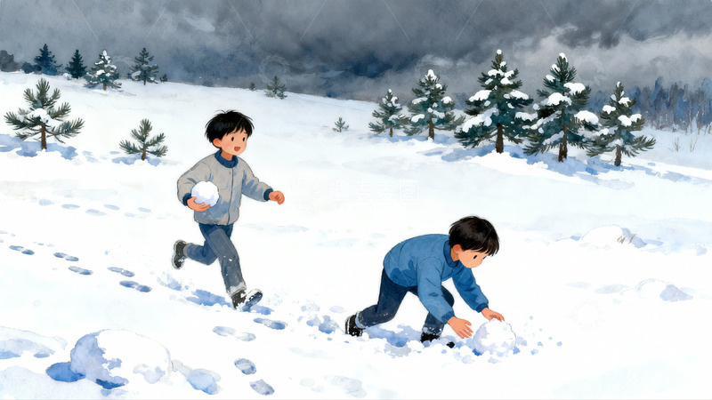 高清大图下载【趣麦麦图】雪地玩耍的两个男孩