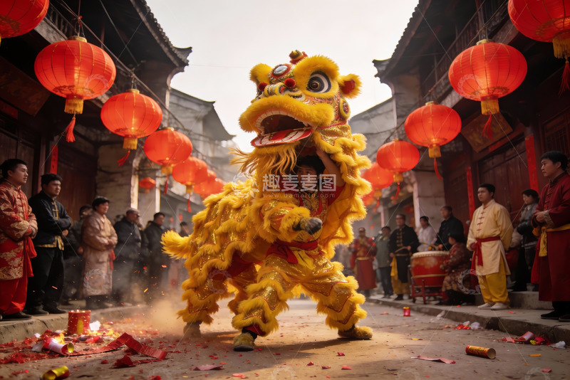 高清大图下载【趣麦麦图】街头舞狮表演热闹非凡